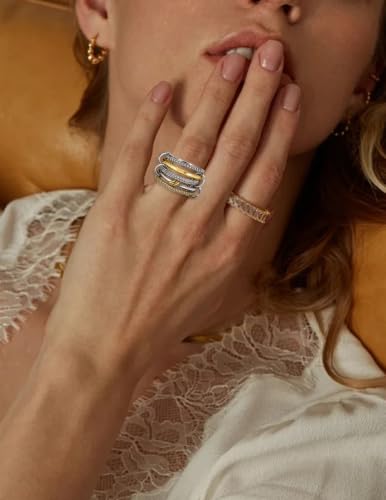 Statement Rings for Women, 18k Gold Plated Stackable Cubic Zirconia Rings, Silver Gold Multi Ring Mixed Metals Stackable Ring Set for Women Non Tarnish - size: 6