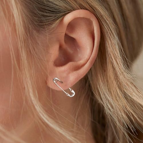 CHIC & ARTSY 925 Sterling Silver Safety Pin Earrings - Lightweight Comfortable Punk Paperclip Cartilage Hoop Earrings, Trendy Industrial Style Jewellery for Women and Men - color: White-#2