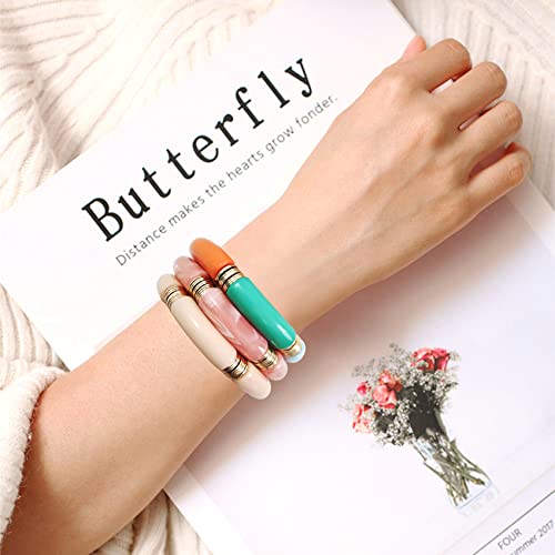 GOOJIDS Simple Beaded Gold Plated Bangles Bracelet Chunky Bamboo Tube Curved Stacking Clear Acrylic Colorful Beads Stretchable Gold Plated Bracelets Set For Women - color: S-Small size Beige&Pink 3PCS Set