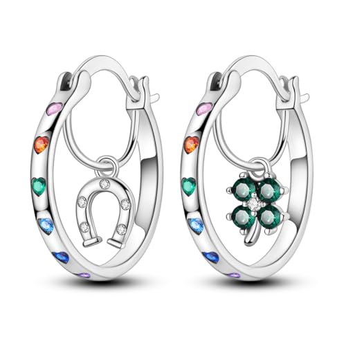 NARMO 925 Sterling Silver Hoop Earrings for Women Hypoallergenic Lightweight Simple Huggie Hoop Earrings Twisted Hoop Earrings Colorful Cubic Zirconia Hoop Earrings Rainbow Hoop Earrings - color: Lucky Hoop
