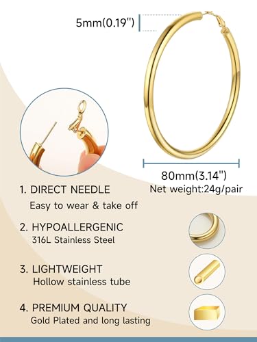 Stainless Steel Chunky Hoop Earrings For Women, Minimalist and Chic, Black/Gold Plated, Round Hoops Earrings Hypoallergenic, Size: 30mm/40mm/60mm/80mm, Come with Box - color: 1. Gold, size: 80MM
