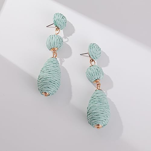 Boho Raffia Earrings Statement Dangle Earrings Cute Teardrop Ball Earrings Colorful Summer Jewelry Handmade Rattan Earrings for Women - color: Lime Green