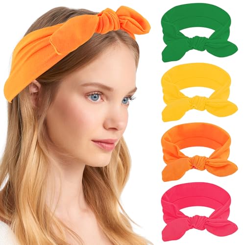 KICOSY 4PCS Neon Bow Headbands for Women - 80s Style Colorful Knotted Hair Bands, Retro Workout & Casual Hair Accessories