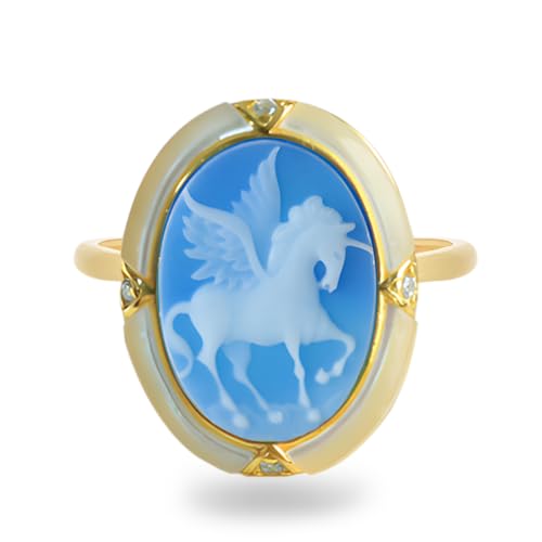 Victorian Cameo Ring in Shell Frame, Antique Agate Cameos Silhouette Rings Adjustable, Vintage Retro Art Deco Cameo Jewelry for Women - color: Blue,a