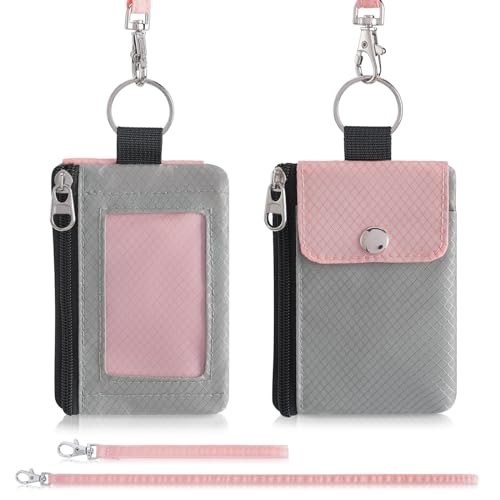 Artpaxy Minimalist Wallet For Mens Womens, Keychain RFID Blocking Zipper Small Wallet with ID Window 2 Lanyards,Water Resistant Travel Cash Card Coin Case Boys Girls - color: Light pink+Grey, style: Casual
