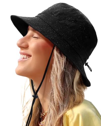 Water-Resistant Bucket Hat for Women Men Rain Hat UPF 50+ Boonie Sun Hat Foldable Summer Floppy Fishing Safari Hats - color: Black