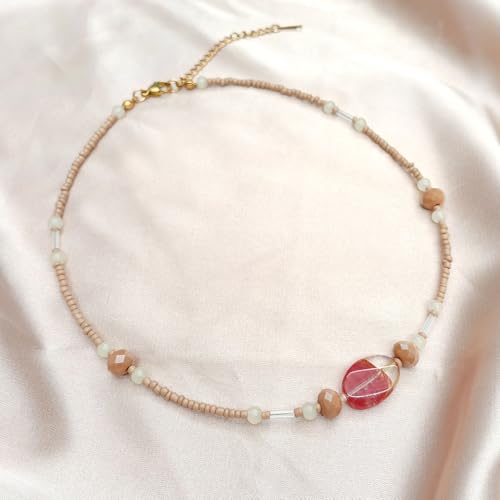 Beaded Necklaces for Women Summer Beach Beaded Necklace Bead Choker Boho Necklaces for Women Handmade Summer Jewelry Stainless Steel 18K Gold Plated - color: Beige