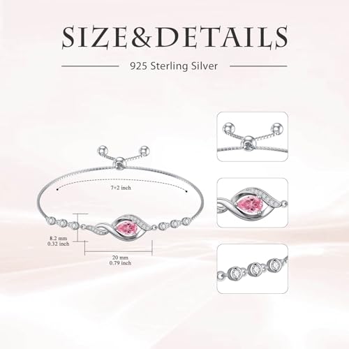 HPQQ Birthstone Bracelet for Women 925 Sterling Silver Infinity Love Jewelry Anniversary Birthday Mothers Day Gifts for Mom Wife Her - color: 10-October-Pink Tourmaline