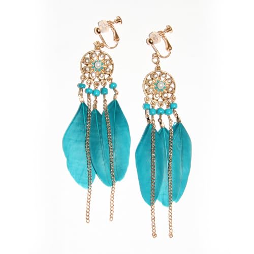 Clip on Tassel Dangle Earrings for Boho Women, Non Pierced, Colorful Feather Handmade Beads Fashion Vintage Fringe Jewelry for Parties Weddings Festivals Trendy Statement Earrings for Bohemian - color: Blue A