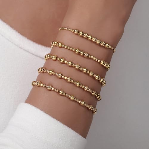 Gold Bracelets for Women 14K Gold Plated Beaded Non Tarnish Bracelets Stretch Bead Ball Bracelet Stack Set Jewelry for Gifts - color: B SET 5PC
