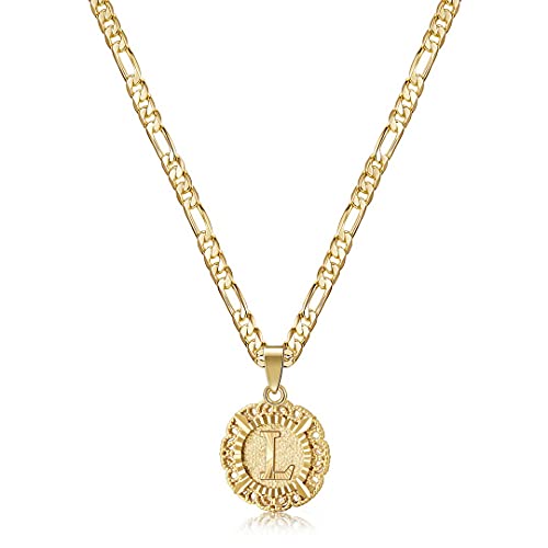 KissYan Initial Necklaces for Women, 14K Gold Plated Round Letter Pendant Capital Monogram Necklace Alphabets from A-Z Figaro Chain Jewelry - color: Gold, style: L