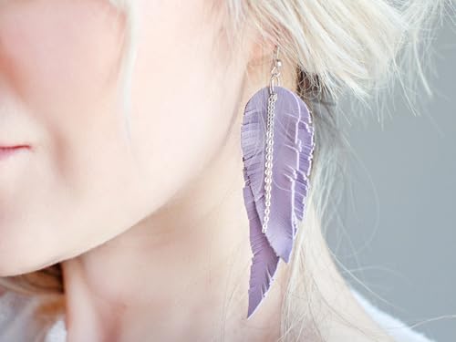 Black shiny Leather Feather Earrings for Women, Lightweight Minimal Boho Dangle Earrings, Small Simple Everyday Jewelry - color: Light Purple