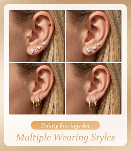 Incaton Hypoallergenic Flat Back Earrings for Women Silver 14K Gold Plated Surgical Stainless Steel Stud Earrings Cubic Zirconia Cartilage Studs Earrings For Multiple Piercing Sensitive Ears - color: F-Gold