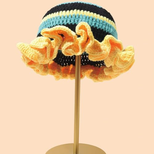 KORADI Womens Crochet Bucket Hat Ruffled Brim Knitted Hats Winter Boho Handmade Caps - color: Yellow&black