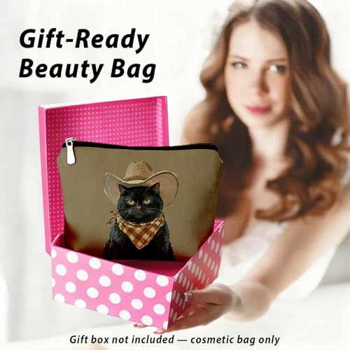 Funny Black Cat Makeup Bag, Cat Mom Lady Lovers Gifts for Women Cosmetic Bag, Pet Lover Gifts, Funny Western Cowboy Black Kitten Small Toiletry Bags Zipper Makeup Pouch - color: 02-Cat(10)