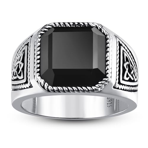 7ct Vintage Teal Turquoise|Emerald|Black Onyx Ring for Men 925 Sterling Silver Men Rings 11mm Square-Cut Mens Cocktail Rings Celtic Pattern Band for Dad Father Size 7-12 - color: Y-Customizable Name-Irish Celtic Knot-Simulated Onyx