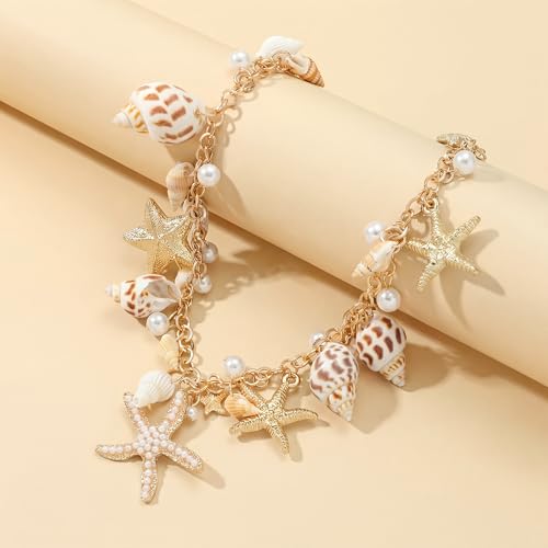Shell Starfish Necklace for Women, Gold Plated Boho Layered Pendant Necklace with Pearl Conch Charm, Dainty Coastal Summer Beach Vacation Jewelry Gifts - style: Conch Starfish 1Pcs