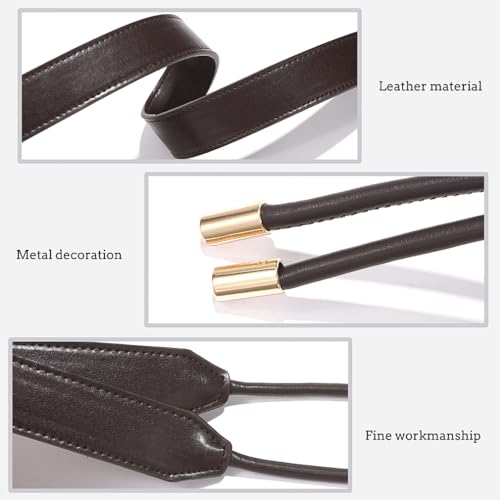 Women PU Leather Tie Waist Belts Knotted Thin Skinny Rope Waistband - color: Coffee