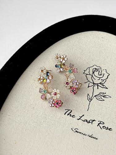 Climber Earrings for Women Multicolor Ear Studs with Ear Cartilage Clip Crystal Clustered Flowers Ear Cuff Earring Statement Floral Crawler Stud Earrings Sparkly Zircon Gemstone Earring