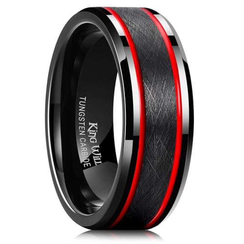 King Will Mens Tungsten Rings for Men Two Tone Grooved Mens Wedding Band Cool - color: Black & Red Two Groove