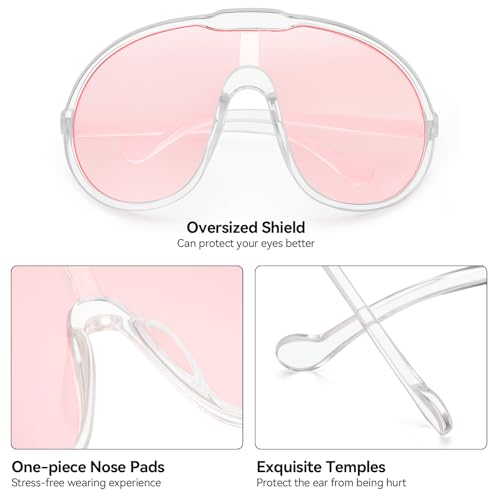 Dollger Oversized One Piece Sunglasses For Women Fashion Men Wrap Around UV400 Shield Goggles - color: Transparent Frame Pink Lenses