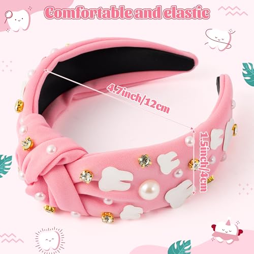 PANTIDE Dentist Jeweled Knotted Headband - Dental Hygienist Assistant Gift Teeth Rhinestone Embellished Headband Non Slip Wide Top Knot Hairband Hair Accessories Birthday Gift for Women Girls (Pink) - color: Pink Dentist