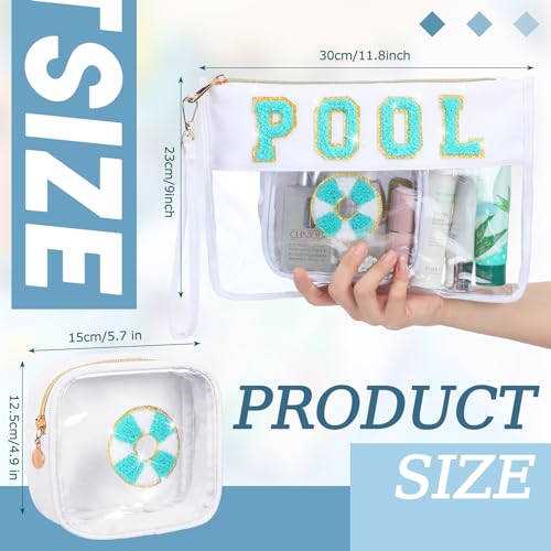 Hillban 2 Pcs Pool Bag Makeup Cosmetic Bag Clear Sunscreen Toiletry Zipper Pouch Beach Travel Summer Stuff Preppy Chenille Letter Patch Pouch PVC Waterproof Organizer Storage Mini Purse for Women - style: Pool Theme