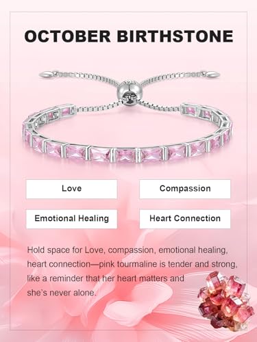Radiant Cut Birthstone Tennis Bracelets for Women, Adjustable 6–9 Inches White Gold Plated Sterling Silver Bracelet, Hypoallergenic Anniversary Birthday Valentine’s Day Gift for Her - color: 10-Pink Tourmaline