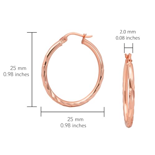 Hoops & Loops 925 Sterling Silver Diamond-Cut Hoop Earrings for Women, 2mm Textured Lightweight Click Top Hoops, 15mm 20mm 25mm 30mm, Silver 14k Yellow Gold & Rose Gold Flash Plated - color: Rose Gold - 25mm (1'')