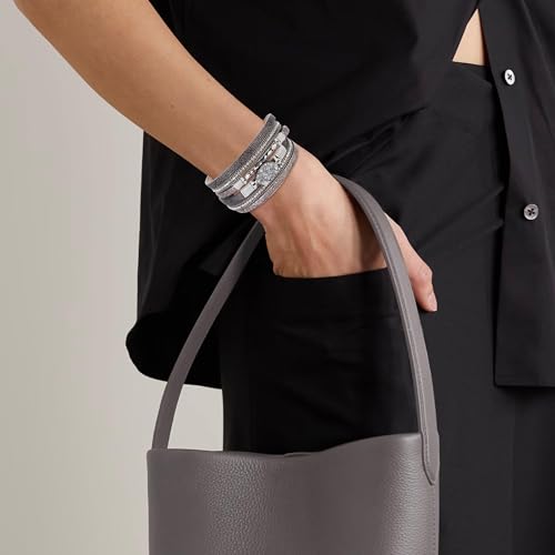 Long tiantian Leather Bracelets for Women Warp Bracelet Stackable Boho Layered Bracelet Chunky Heart Trendy Birthday Gifts for Her - color: B27:2 Beaded Bracelets Set for Women(Silver)