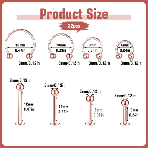 64 PCS Jewelry Lip Barbell Ring Lip Rings Vertical Labret Medusa Snake Bite Earring Piercing Jewelry Helix Earring Daith Tragus Cartilage Studs Steel for Women Men - color: Rose gold