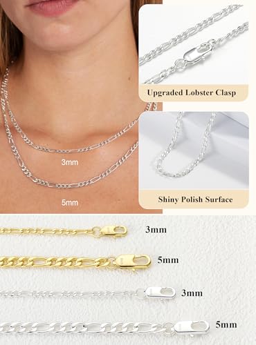 Avotto S925 Sterling Silver Figaro Chain Necklace for Women Girls 3mm/5mm Thick Sturdy & Colourfast Women's Chain Necklaces Jewelry for Women Girls 14/16/18/20/22/24/Inch - color: 3mm-Silver, size: 20 inch(50cm)-Long Pendant Length