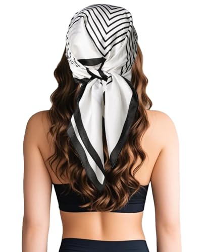 Sumolux Head Hair Scarf for Women Like Satin Silk Scarf Bandana Hair Wrapping Night Large Square Scarves 27.5" - color: White Stripes
