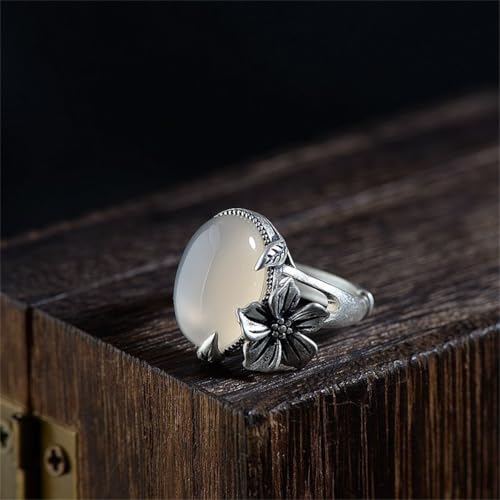 Boho Oval Stone Flower Leaf Statement Ring for Women Antique Silver Plated Vintage Crystal Plum Blossom Adjustable Open Wrap Rings Comfort Fit Retro Gemstone Art Decor Wedding Engagement Jewelry - color: White