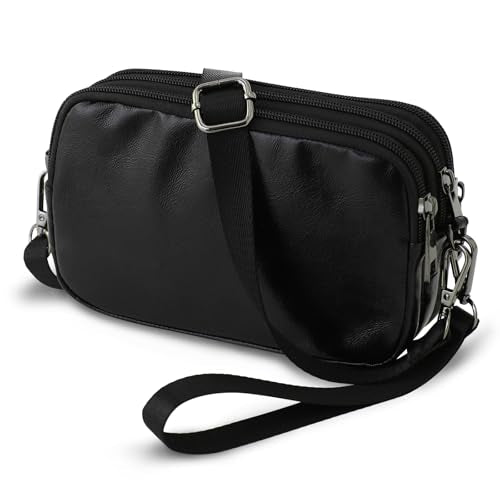 Small Wristlet Wallet for Women, 3-Zip Crossbody Phone Purse - color: Black/Pull-up-pvc