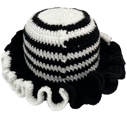Handmade Crochet Bucket Hat for Women Boho Chic Slouchy Design Colorblock Ruffled Brim Festival&Daily Crochet Hat - color: Black and White Stripe