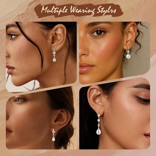 Pearl Earrings for Women, 14k Gold Plated Trendy Diamond Pearl Drop Earrings Hypoallergenic Dainty Bridal Gifts Wedding jewelry for Women - color: C - Gold