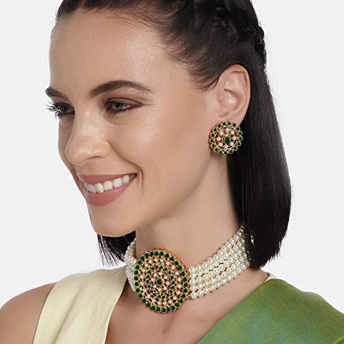 Aheli Pearl Diamond Choker Necklace & Round Earrings Gift for Women Indian Traditional Bollywood Fashion Bharatanatyam jewellery set - color: White & Green