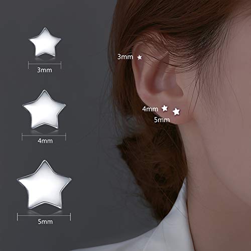 3 Pairs 925 Sterling Silver Star Stud Earrings for Women,Tiny Simple Geometric Stud Earrings Set Small Hypoallergenic Cartilage Tragus Ear Jewellery for Men (3/4/5mm) - color: 01 Silver-3Pairs-3/4/5mm