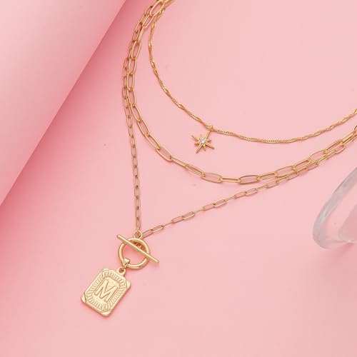 Paxuan Dainty Gold 3-Layer Personalized Initial Necklace for Women - 18K Gold Layered Letter Pendant Necklace Adjustble Paperclip Chain Choker Necklace Jewelry Gifts with Star Charm - style: Letter M
