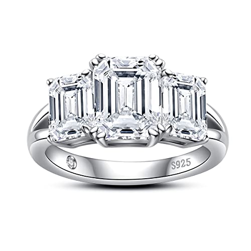AnuClub Round/Emerald/Marquise Cut Moissanite 3 Stones Engagement Rings D Color VVS1 Round Cut 925 Sterling Silver Anniversary Wedding Promise Rings for Women - color: 5cttw Emerald Cut