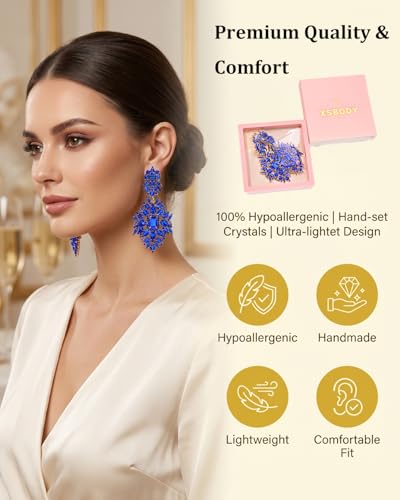 Silver Chandelier Earrings for Women Trendy, Oversized Big Crystal Rhinestone Statement Earrings Dangling Formal Pageant Earings Drag Queen Jewelry - color: royal blue