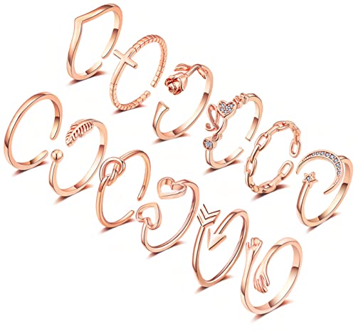 KOHOTA 12PCS Adjustable Knuckle Rings for Women 14K Gold Plated Silver Simple Stacking Rings Pack Open Knot Star Moon Butterfly Dainty Thumb Ring Set for Women - color: 2-Rose gold color