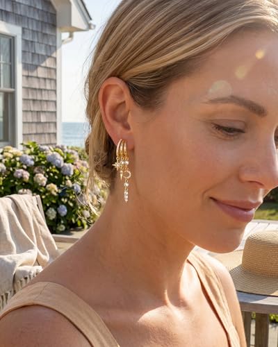 MUMREUES Gold Earrings for Women Trendy 14K Gold Plated Dangle Earrings Small Hoop Huggie Drop Stud Earrings Cubic Zirconia Simple Minimalist Dainty Chain Tassel Hypoallergenic Earrings - color: Celestial & Gold