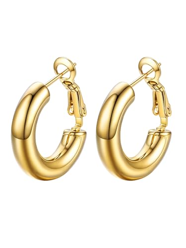 Stainless Steel Chunky Hoop Earrings For Women, Minimalist and Chic, Black/Gold Plated, Round Hoops Earrings Hypoallergenic, Size: 30mm/40mm/60mm/80mm, Come with Box - color: 1. Gold, size: 20MM
