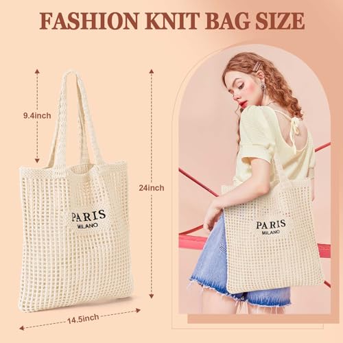 Ayieyill Crochet Tote Bag For Women, Crochet Mesh Beach Tote Bag Summer Vacation Aesthetic Boho Knit Bag for Women - color: G/Beige