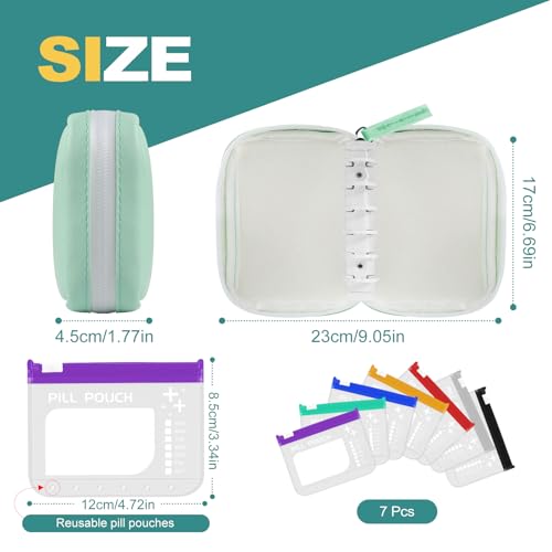 Timueetech A7 Waterproof Pill Organizer with 7 PCS L Size Zippered Pill Pouches for A7 Binder, Large BPA-Free Weekly Medicine Organizer, Color-Coded Reusable Travel Pill Storage System - color: Green