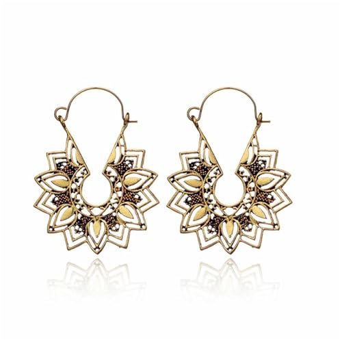 Boho Antique Carved Flower Dangle Drop Earrings for Women Vintage Retro Handmade Hollowed Antiqued Bronze Floral Shaped Geometric Gold Silver Plated Hoop Earrings for Ethnic Style Jewelry Gifts - color: Gold flower earring