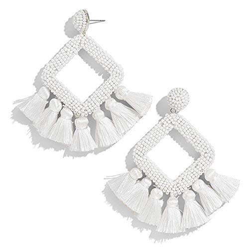Long Tassel Earrings Statement Bohemian Pom Ball Handmade Drop Dangle Earrings for Women - style: S-white
