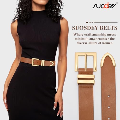 SUOSDEY Plus Size Women's Leather Belts for Jeans Pants Dress Fashion Women Waist Belt with Gold Buckle - color: Brown, size: Fit waist size 40''-45''